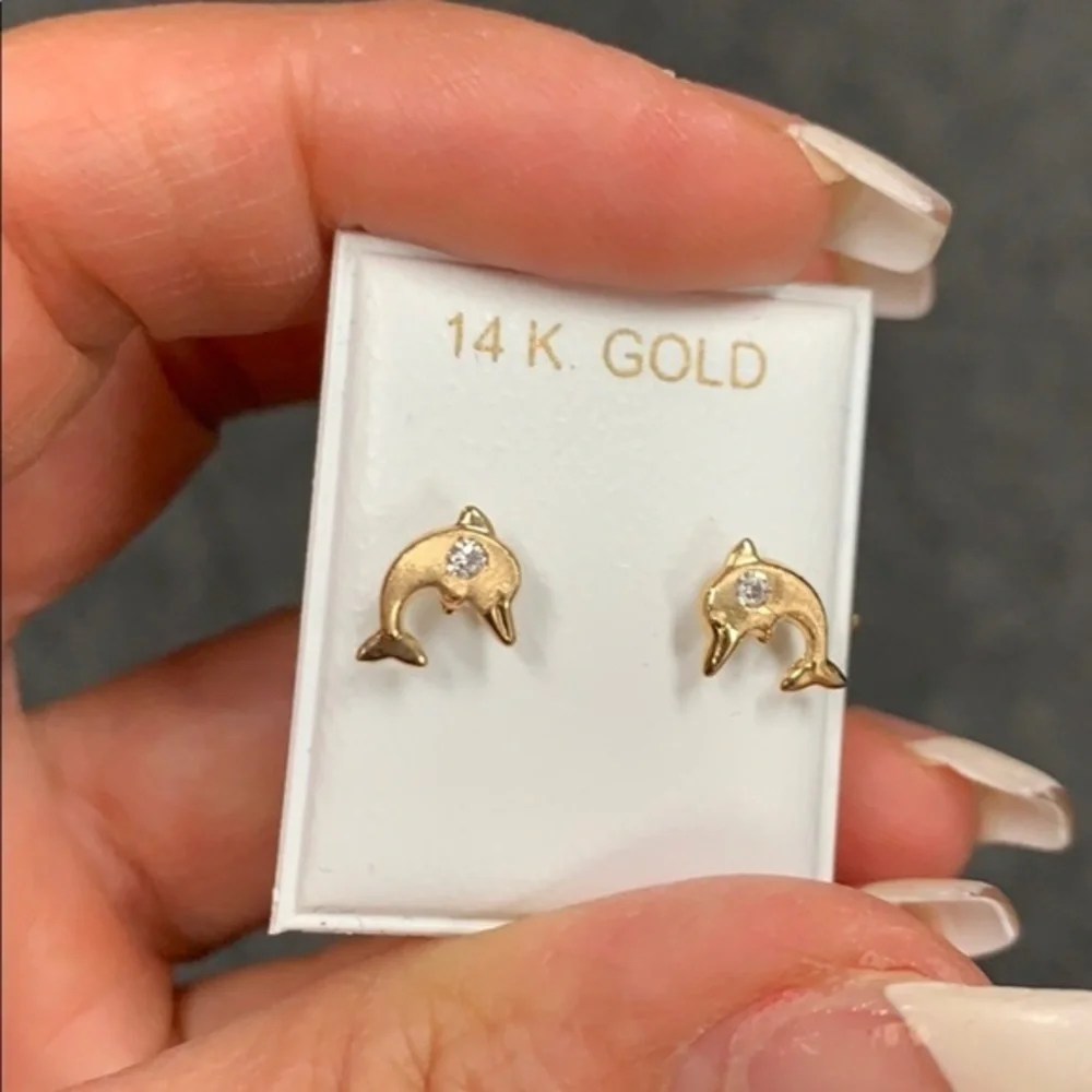 14K Yellow Gold 7mm Dolphin Stud CZ Earrings